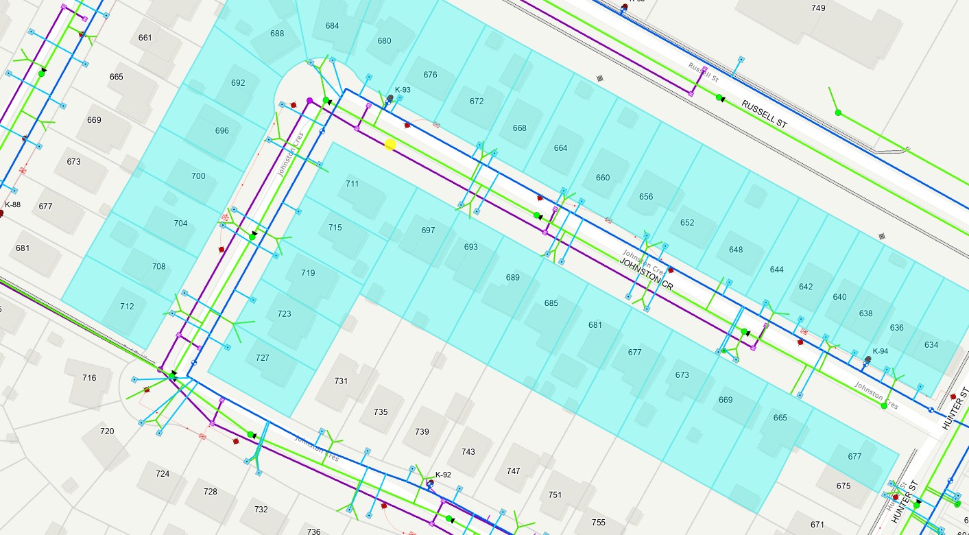 An aerial map with properties affected by the Johnston Crescent in Kincardine watermain break highlighted in blue.