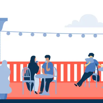 Stylized illustration of three people on a patio.