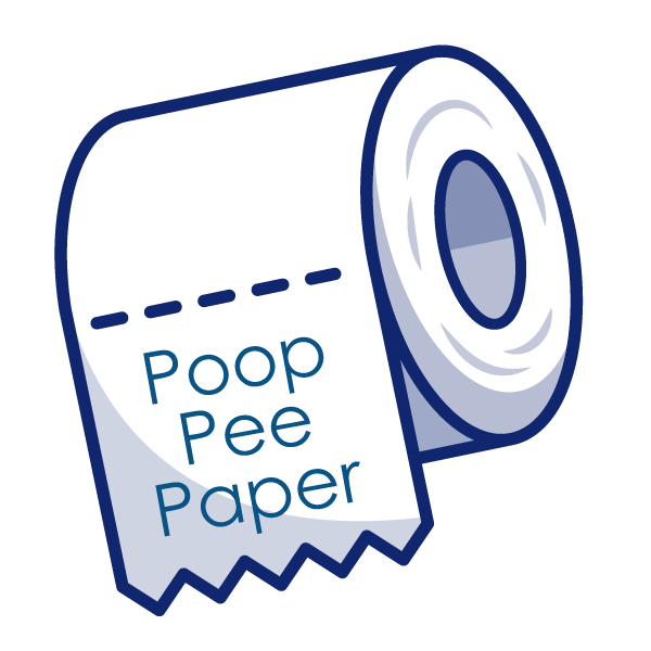 A roll of toilet paper with the words "Poop, Pee, Paper" on the first square.