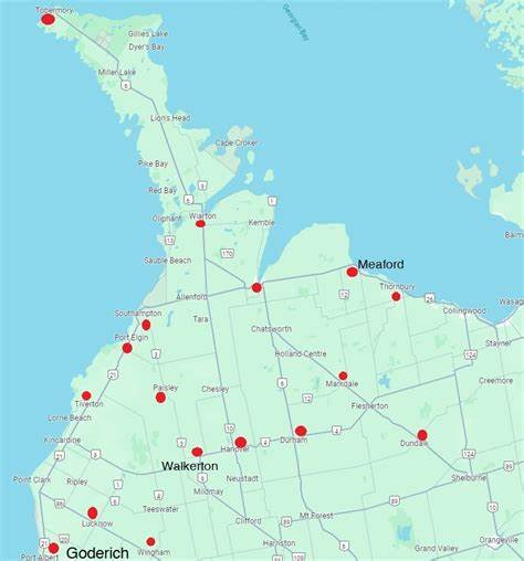 A map of Grey and Bruce Counties with laundromat locations indicated by a red dot.