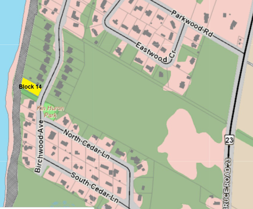 Aerial map indicating Block 14, Plan 3M210, Municipality of Kincardine, Province of Ontario.