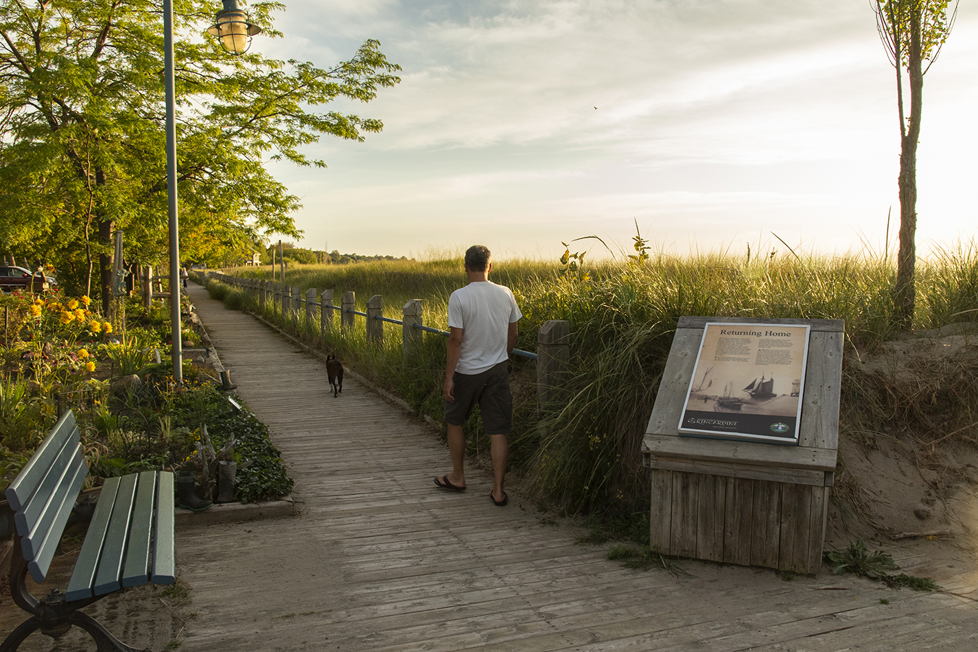 A person walks their dog down the Station Beach boardwalk.