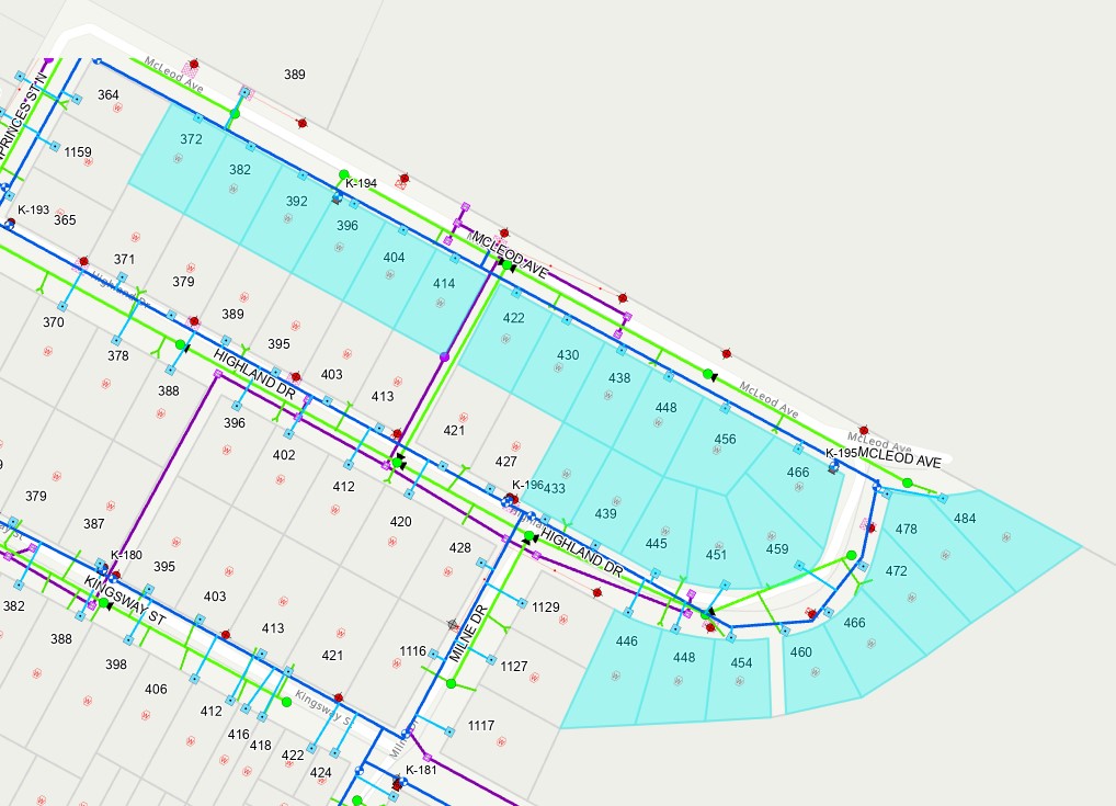 Aerial map with properties affected by water interruption indicated in blue.