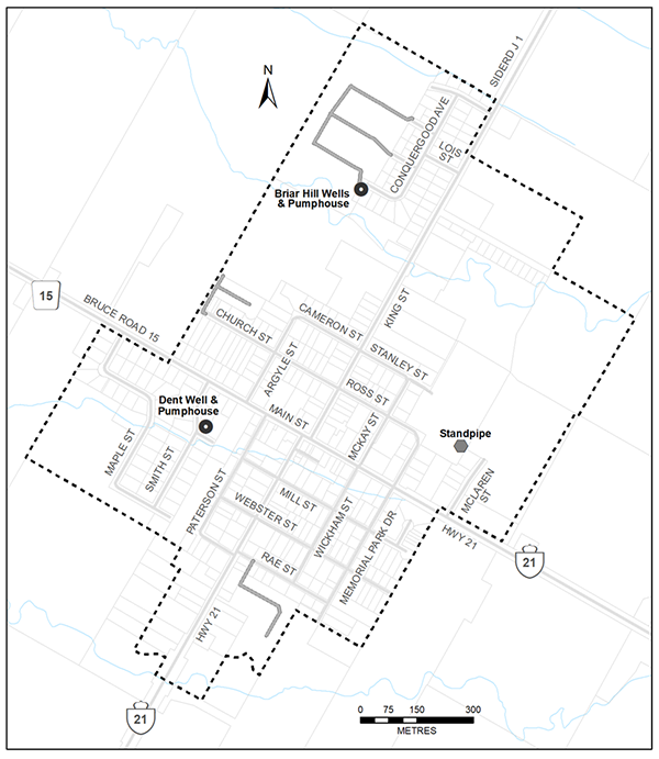 Map illustrating the area affected by the Municipal Class Environmental Assessment for the Expansion of the Tiverton Water Supply System.