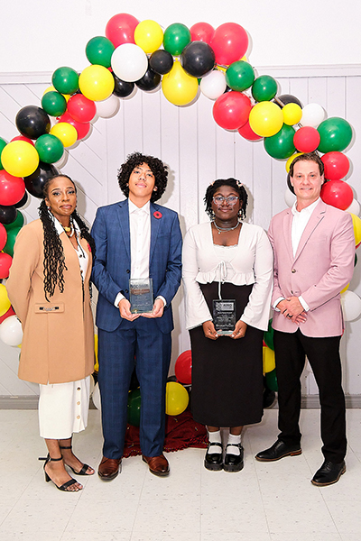 From left: Deputy Mayor Andrea Clarke, Bruce Power Leadership Award Scholarship recipients Xavier Hyre and Adriana Owusu-Ansah, and Senior Vice-President of Bruce Power Terry Rothmaier.