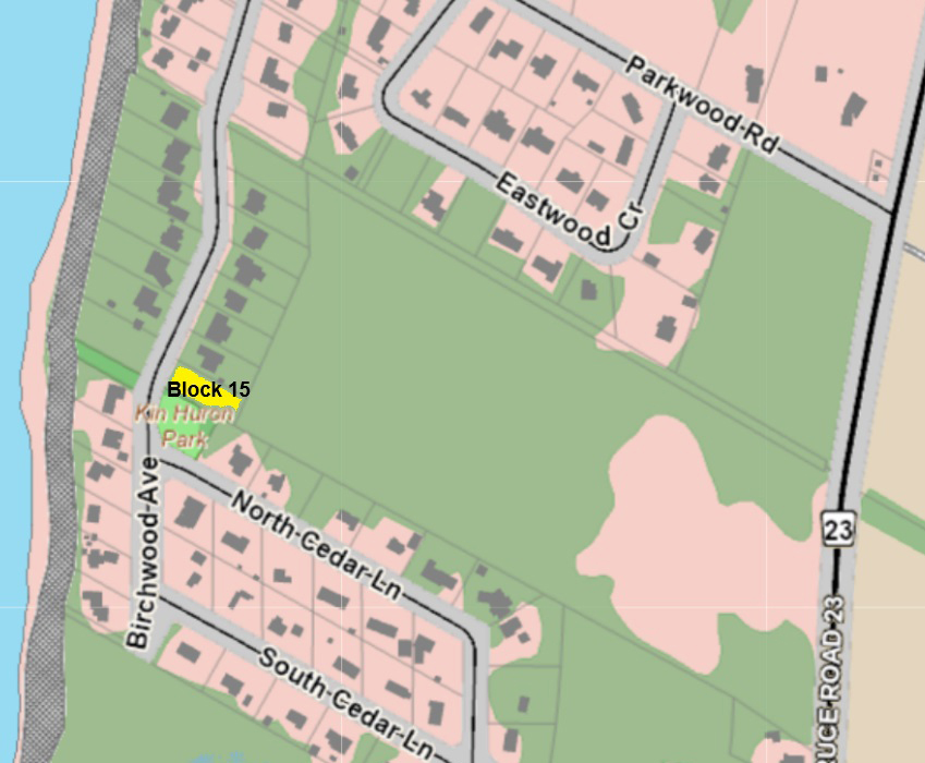 Aerial map indicating Block 15, Plan 3M210, Municipality of Kincardine, Province of Ontario.