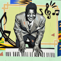 Afrocentric mural by Phillip Saunders featuring Oscar Peterson