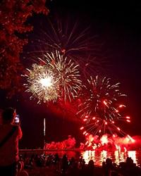 A crowd on MacPherson Beach enjoys fireworks over Lake Huron.