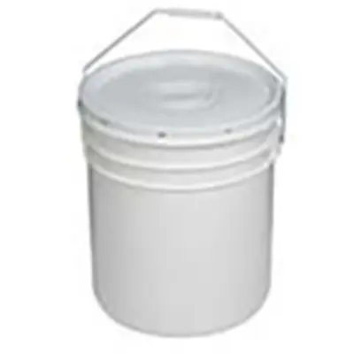 A 20 gallon plastic bucket with lid and handle.